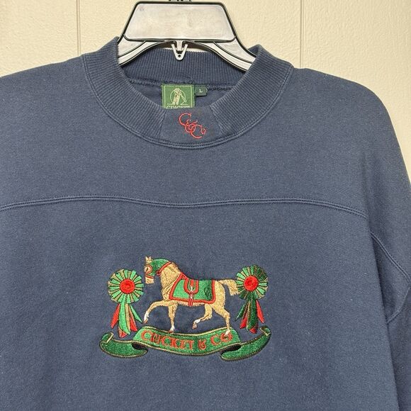 Vtg Cricket & Co Embroidered Horse Ribbon Crewneck Sweatshirt Blue Men L - Picture 2 of 12